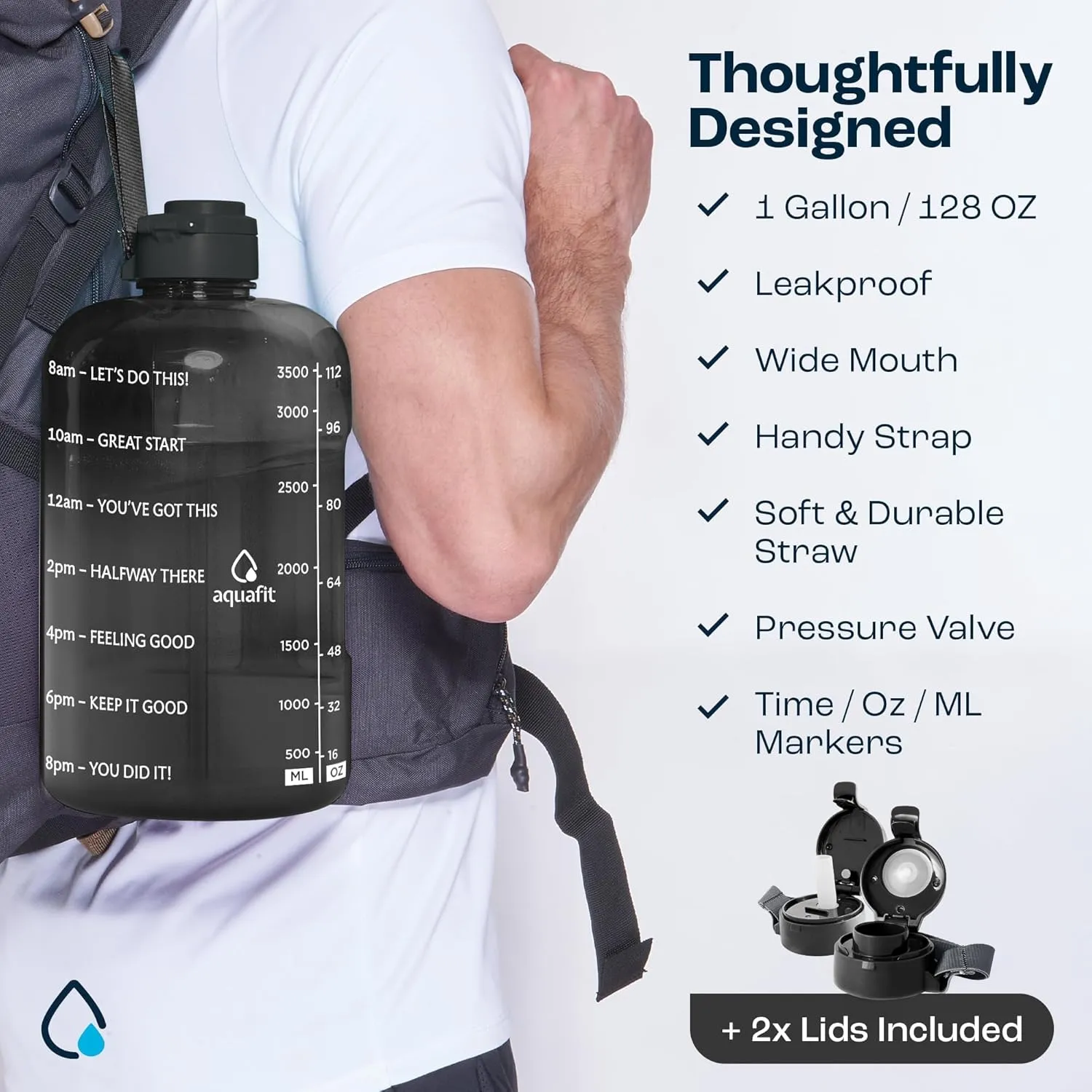 AQUAFIT 1 Gallon Water Bottle With Time Marker - Straw & Chug Lid - BPA Free Big Jug With Handle - Motivational Gym Bottle (128 oz, Blue)