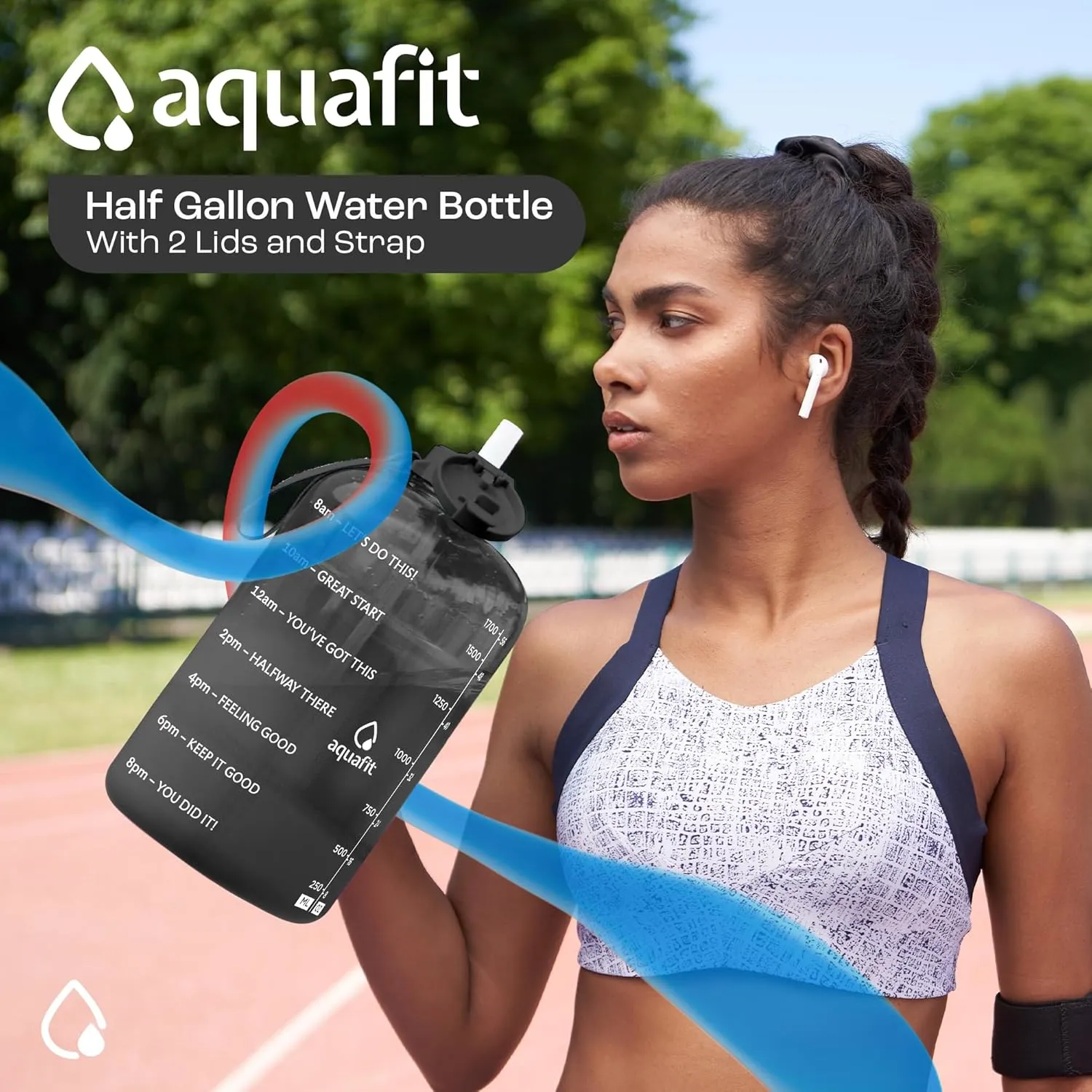 AQUAFIT Half Gallon Water Bottle With Time Marker - Straw & Chug Lid - BPA Free Big Jug With Handle - Motivational Gym Bottle (64 oz, Blue Sky)