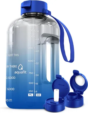 AQUAFIT Half Gallon Water Bottle With Time Marker - Straw & Chug Lid - BPA Free Big Jug With Handle - Motivational Gym Bottle (64 oz, Blue Sky)