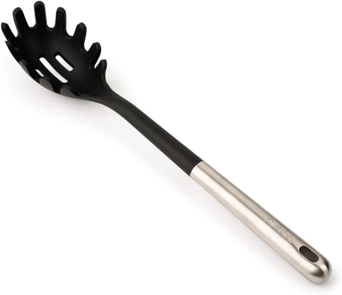 ARCOS Professional Pasta Spoon. Stainless Steel Handle and Body. Heat Resistant up to 240°C. Dishwasher Safe. Black Color. Kitchen Accessories