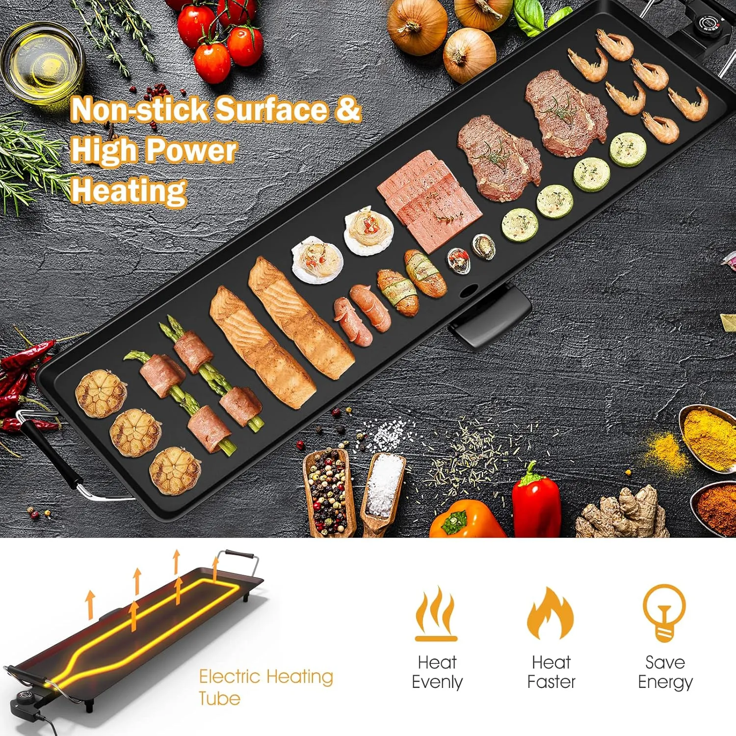 ARLIME Electric Griddle, 35" Teppanyaki Grill w/Extra Large Tabletop, Portable BBQ Grill Electric with Drip Pan & Adjustable Temperature, Long Griddle for Party, Home, Camping, Cooking
