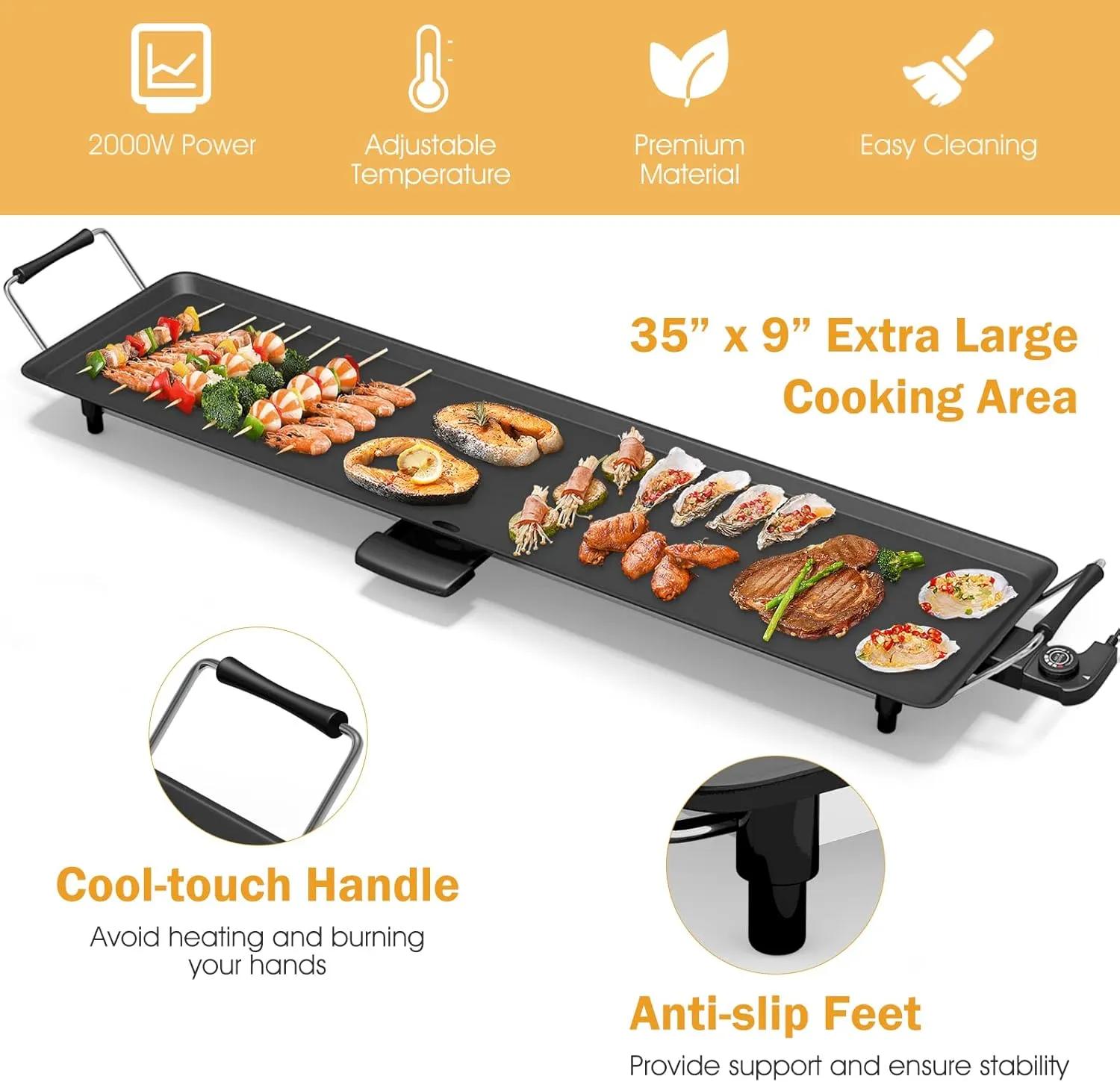 ARLIME Electric Griddle, 35" Teppanyaki Grill w/Extra Large Tabletop, Portable BBQ Grill Electric with Drip Pan & Adjustable Temperature, Long Griddle for Party, Home, Camping, Cooking
