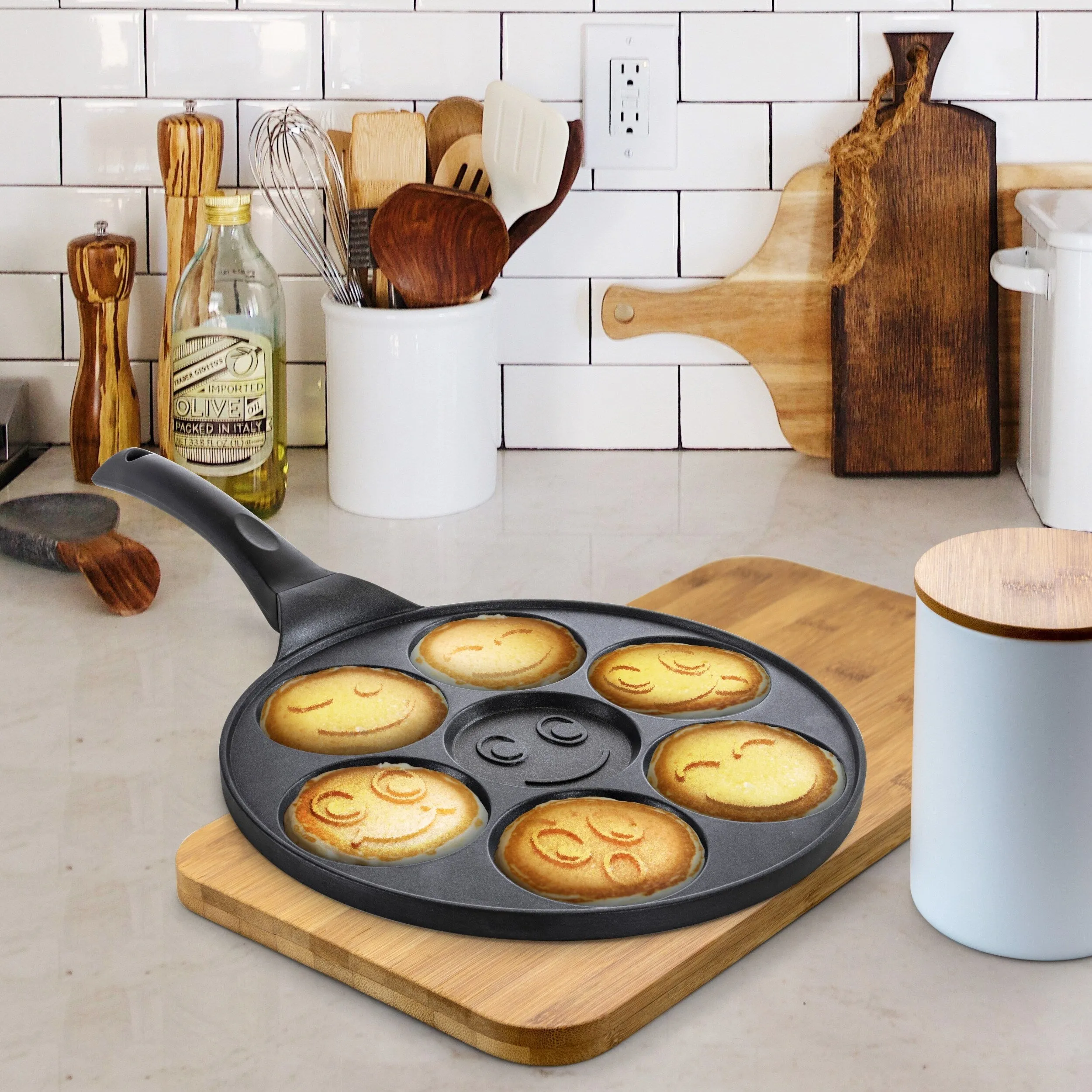 Assorted Smiley Face 10.5 Inch Round Nonstick Pancake Pan with Stay-Cool Handle
