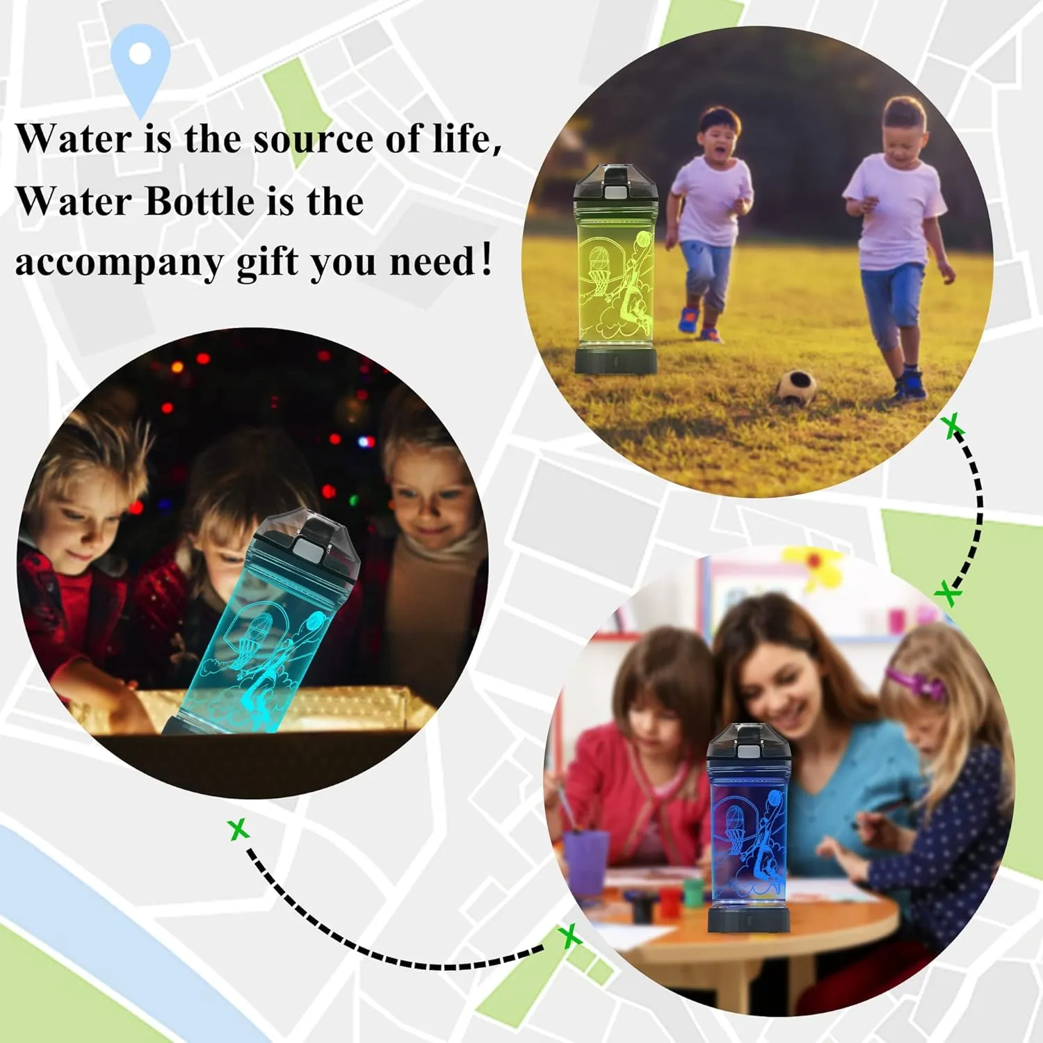 Attivolife Kids Water Bottle, Basketball Sports 3D Illusion LED Light Up with 7 Color Changing - 14 OZ BPA Free - Creative Ideal Travel Cup B-ball Gift for School Kid Boy Child Holiday Camping Picnic