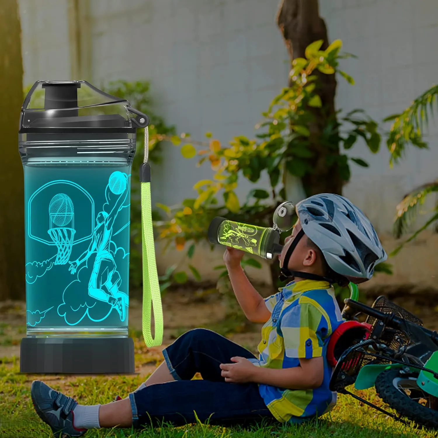 Attivolife Kids Water Bottle, Basketball Sports 3D Illusion LED Light Up with 7 Color Changing - 14 OZ BPA Free - Creative Ideal Travel Cup B-ball Gift for School Kid Boy Child Holiday Camping Picnic