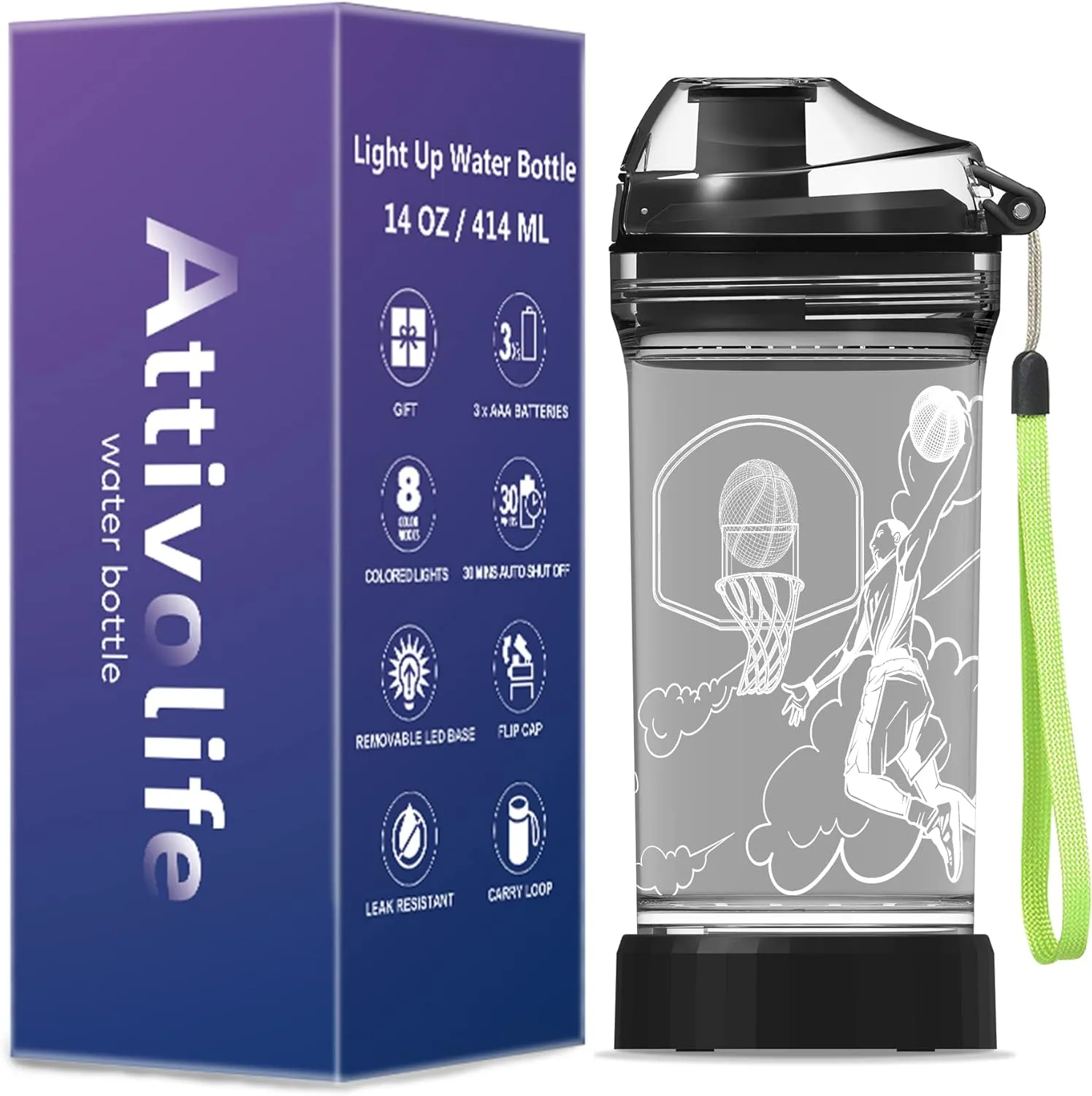 Attivolife Kids Water Bottle, Basketball Sports 3D Illusion LED Light Up with 7 Color Changing - 14 OZ BPA Free - Creative Ideal Travel Cup B-ball Gift for School Kid Boy Child Holiday Camping Picnic
