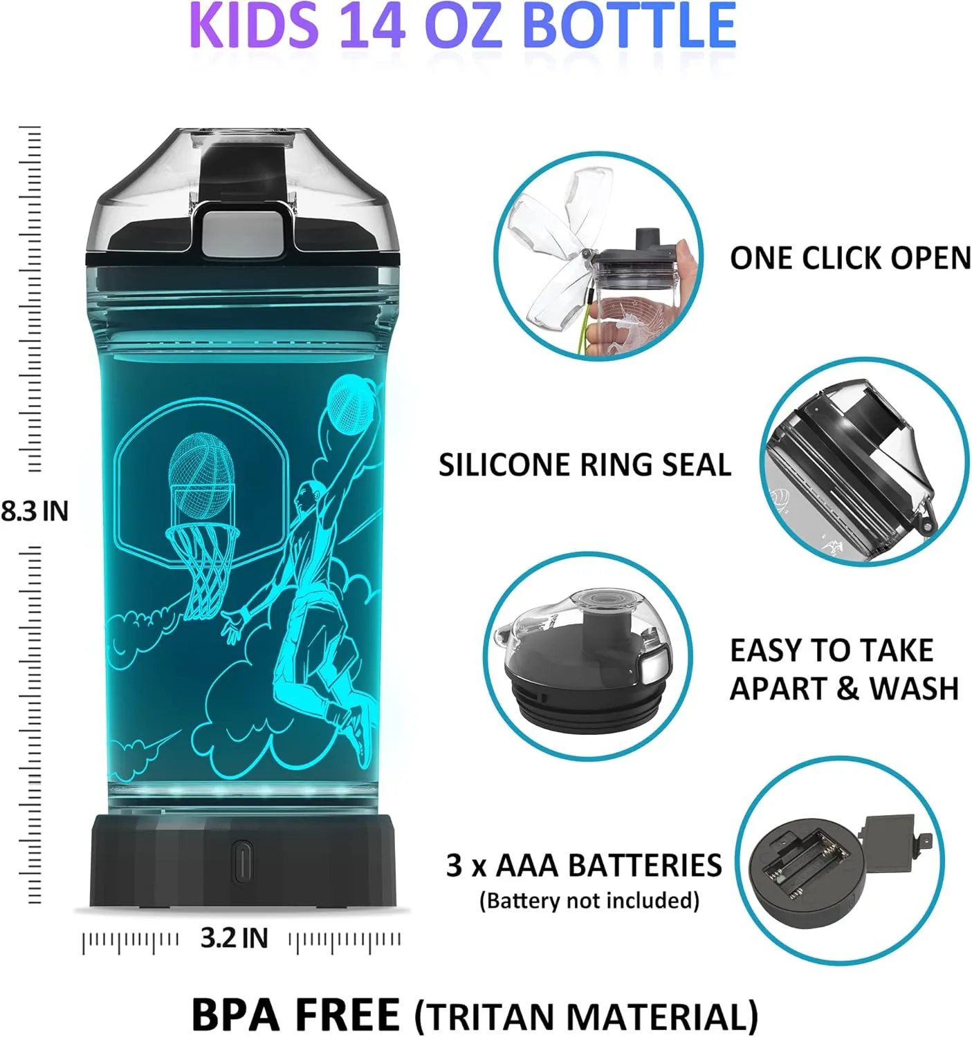 Attivolife Kids Water Bottle, Basketball Sports 3D Illusion LED Light Up with 7 Color Changing - 14 OZ BPA Free - Creative Ideal Travel Cup B-ball Gift for School Kid Boy Child Holiday Camping Picnic