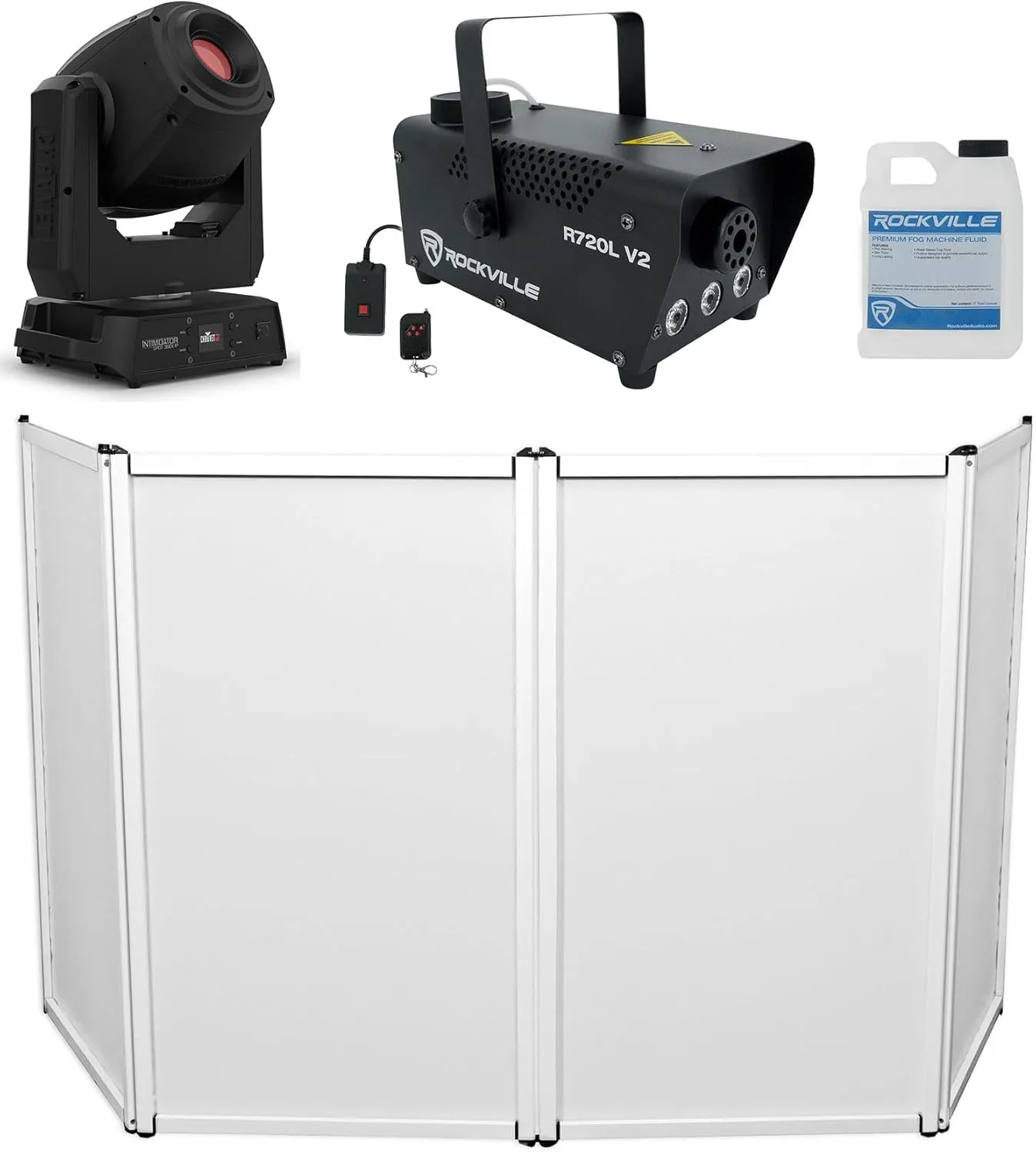 Audiosavings Bundle: Chauvet DJ Intimidator Spot 360XIP RF Moving Head Gobo/Beam Light Bundle with Rockville RFAAW DJ Event Facade Light Metal Frame Booth   Rockville R720L Fog/Smoke Machine (3 Items)