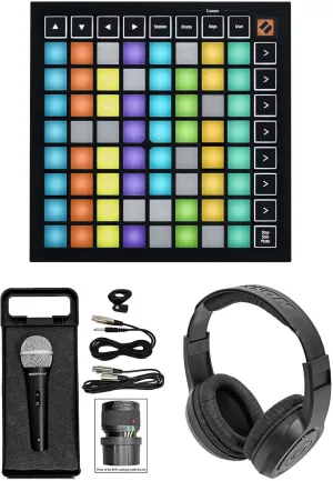 Audiosavings Bundle: Novation Launchpad Mini MK3 Ableton Live MIDI USB 64 RGB Pad Controller Bundle with Rockville RMC-XLR Wired Microphone & Samson SR350 Over Ear Stereo Headphones (3 Items)