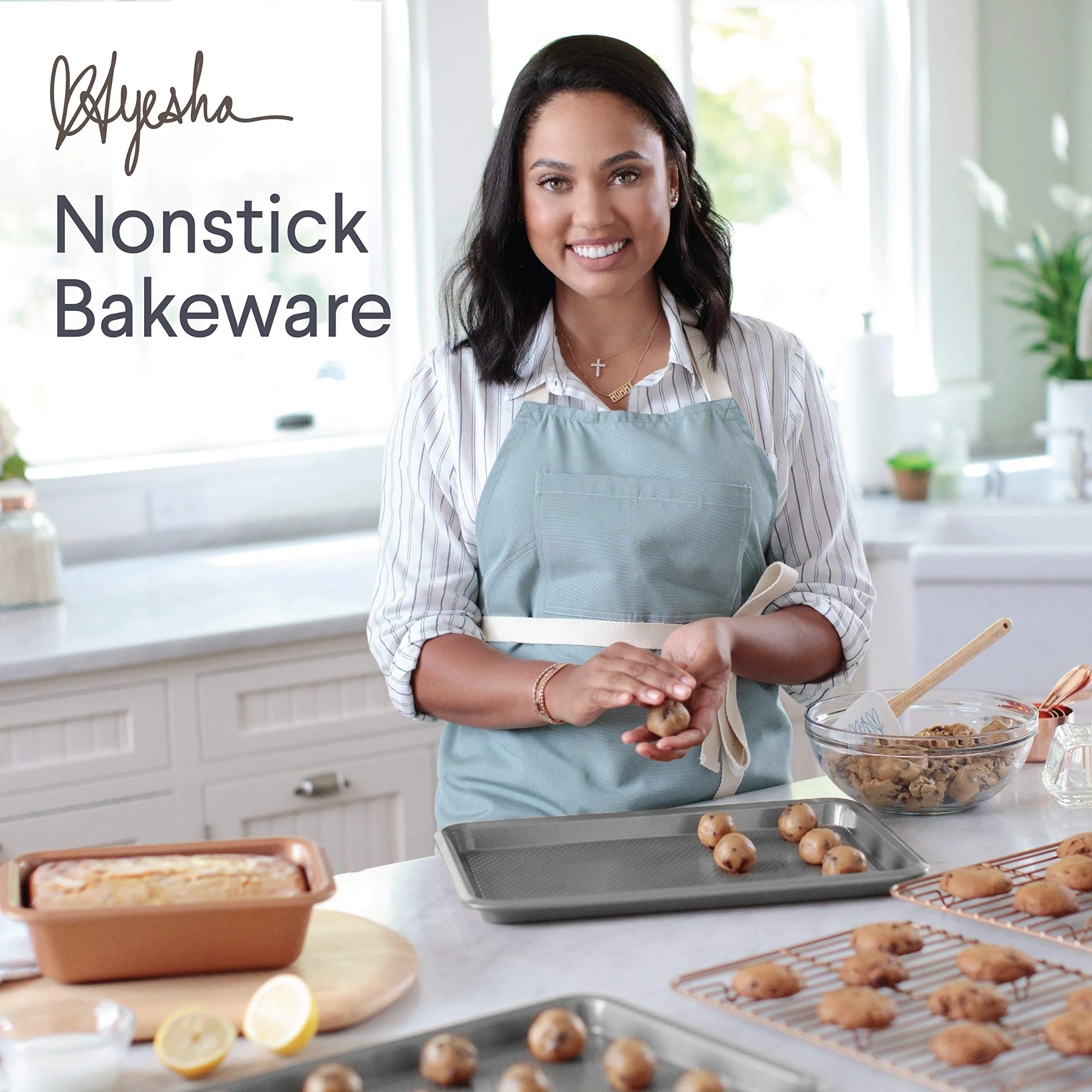 Ayesha Curry Nonstick Bakeware Set with Nonstick Bread Pan, Cookie Sheet, Baking Pan, Baking Sheet and Cake Pans - 6 Piece, SIlver