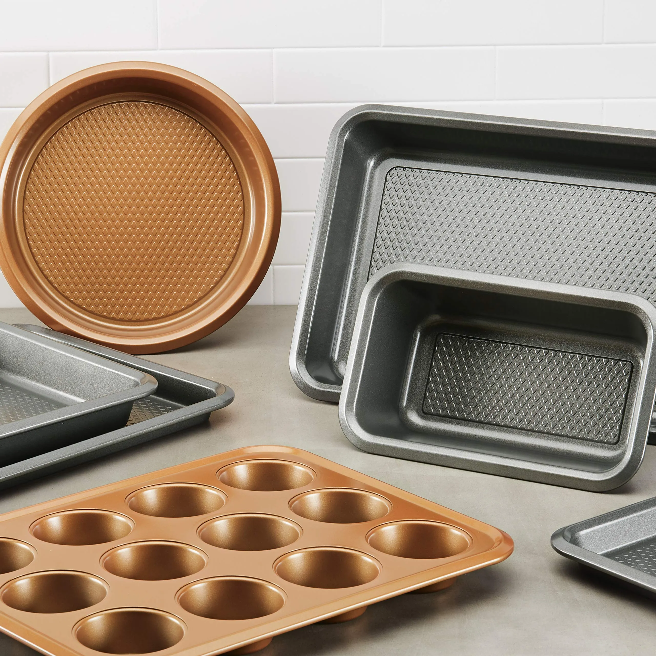 Ayesha Curry Nonstick Bakeware Set with Nonstick Bread Pan, Cookie Sheet, Baking Pan, Baking Sheet and Cake Pans - 6 Piece, SIlver