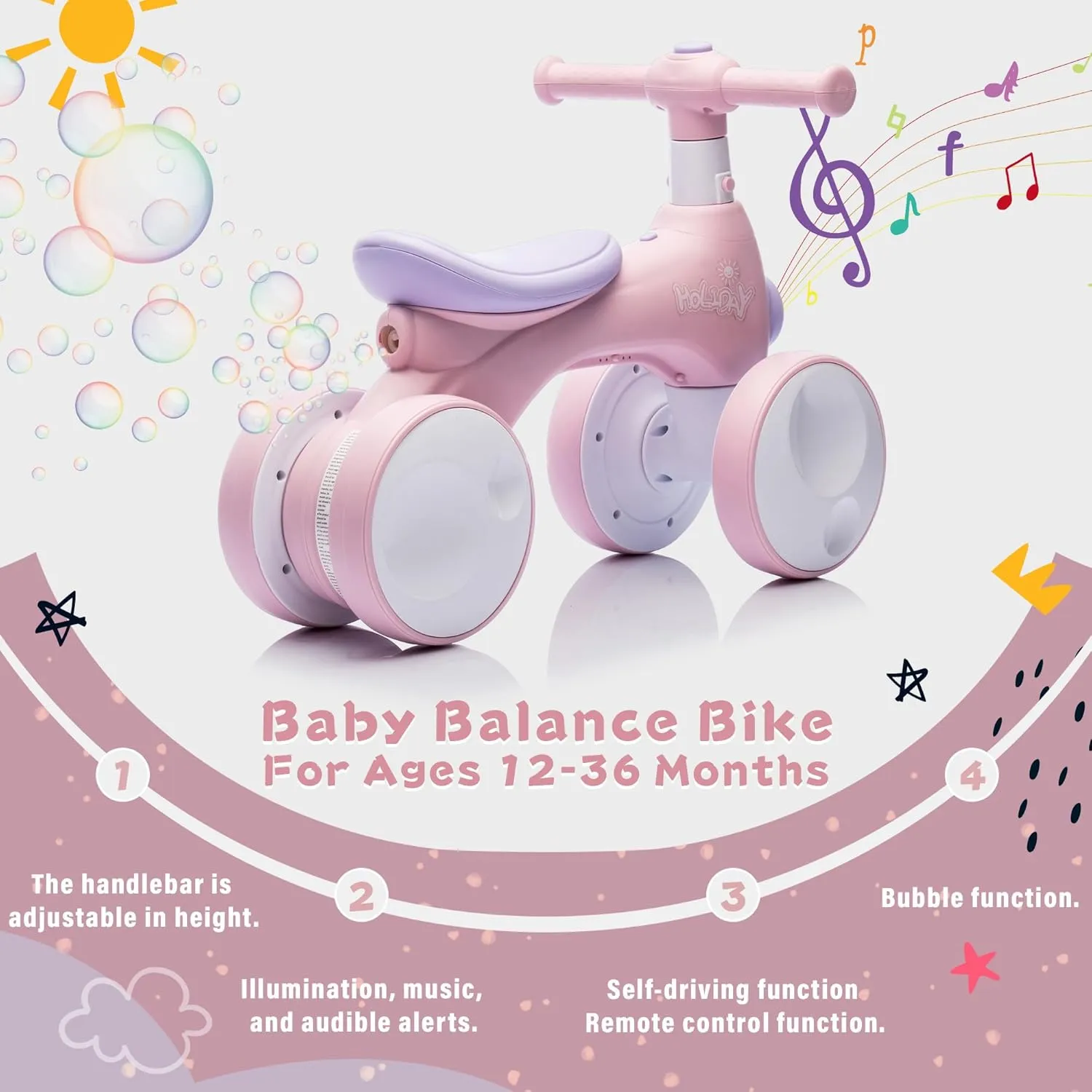 Baby Toddler Balance Bike with Bubble Machine for 1 Year Old Children,4 Wheels Kids Balance Bike w/Bubble Maker,Kids Ride on Toys w/Music,Headlight for Ages 12-36 Months Boys Girls (Light Pink)
