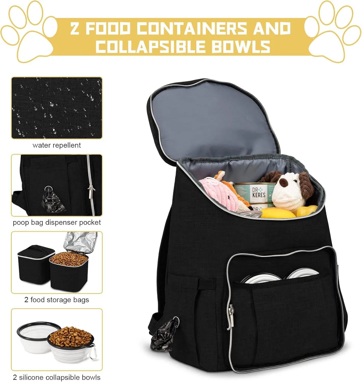 BAGLHER Travel Dog Backpack - Detachable Travel Dog Food Container for Pet Supplies Dog Gear Backpack,Dog Bag for Traveling with 2 Silicone Collapsible Bowls and 2 Food Baskets Black