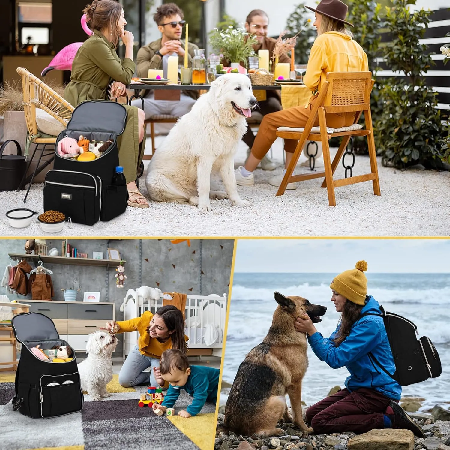 BAGLHER Travel Dog Backpack - Detachable Travel Dog Food Container for Pet Supplies Dog Gear Backpack,Dog Bag for Traveling with 2 Silicone Collapsible Bowls and 2 Food Baskets Black