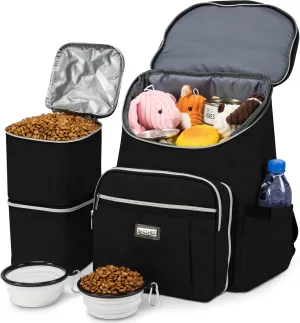 BAGLHER Travel Dog Backpack - Detachable Travel Dog Food Container for Pet Supplies Dog Gear Backpack,Dog Bag for Traveling with 2 Silicone Collapsible Bowls and 2 Food Baskets Black