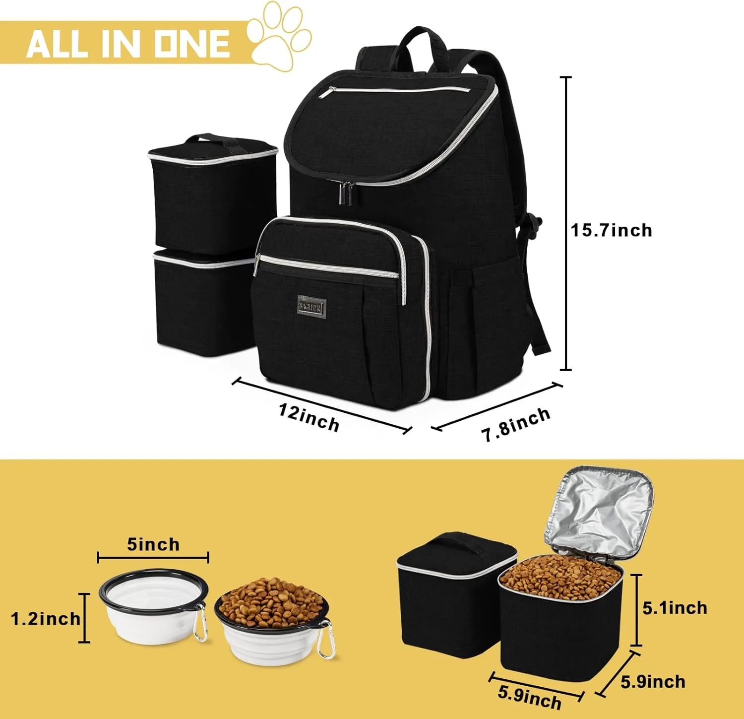 BAGLHER Travel Dog Backpack - Detachable Travel Dog Food Container for Pet Supplies Dog Gear Backpack,Dog Bag for Traveling with 2 Silicone Collapsible Bowls and 2 Food Baskets Black