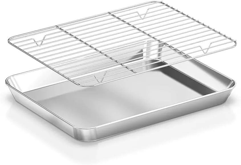 Baking Sheet Cooling Rack Set: 2PCS Stainless Steel Cookie Pan for Toaster Oven with Wire Rack Size 16 x 12 x 1 Inch - Nonstick Heavy Duty & Dishwasher Safe Cooking Tray for Roasting Bacon