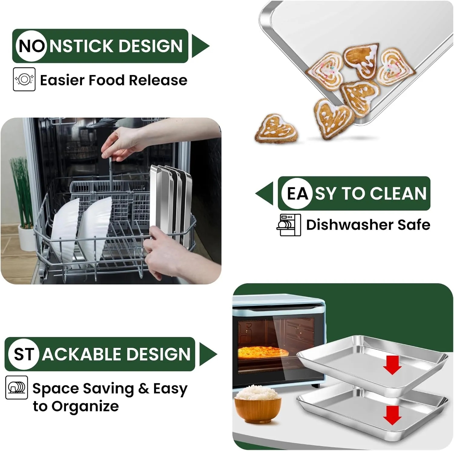 Baking Sheet Cooling Rack Set: 2PCS Stainless Steel Cookie Pan for Toaster Oven with Wire Rack Size 16 x 12 x 1 Inch - Nonstick Heavy Duty & Dishwasher Safe Cooking Tray for Roasting Bacon