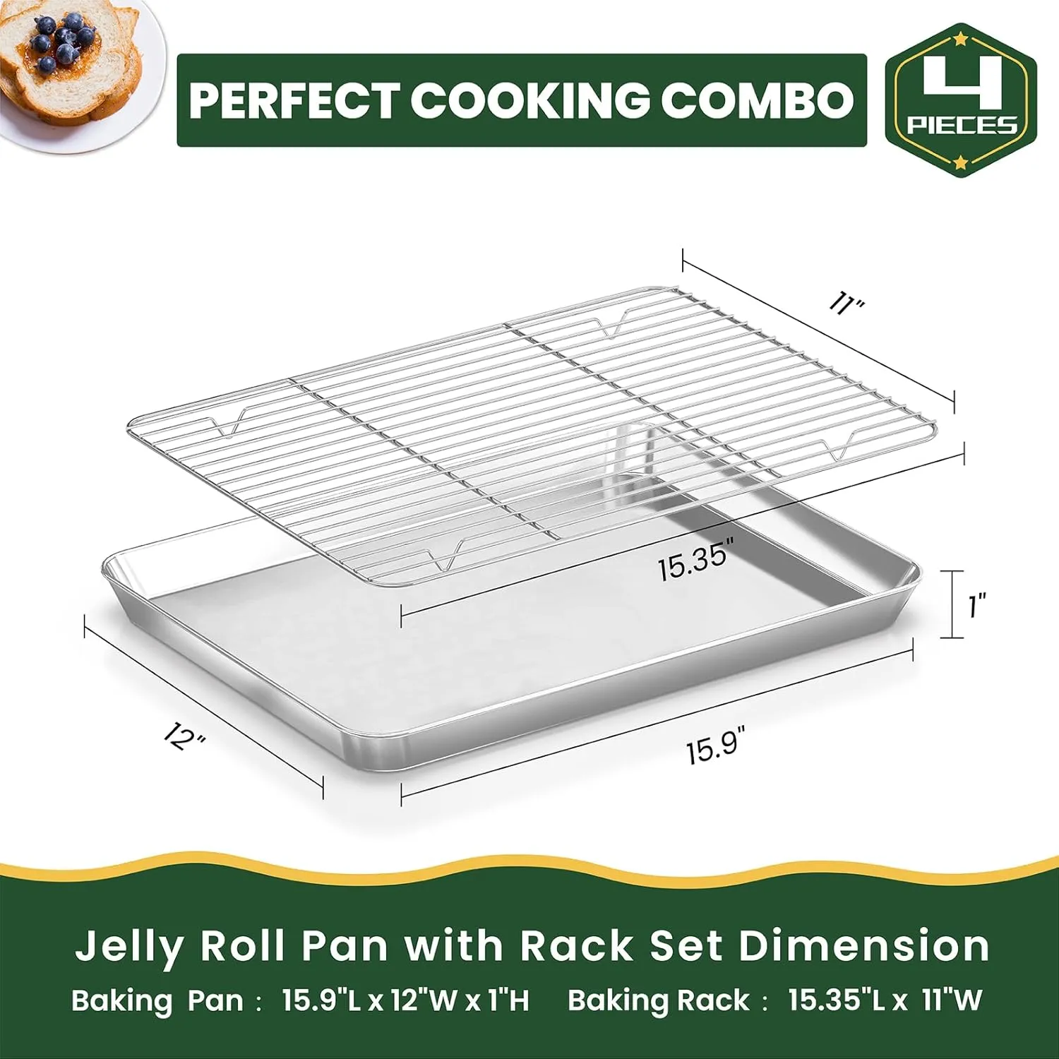 Baking Sheet Cooling Rack Set: 2PCS Stainless Steel Cookie Pan for Toaster Oven with Wire Rack Size 16 x 12 x 1 Inch - Nonstick Heavy Duty & Dishwasher Safe Cooking Tray for Roasting Bacon