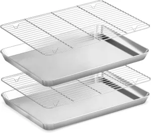 Baking Sheet Cooling Rack Set: 2PCS Stainless Steel Cookie Pan for Toaster Oven with Wire Rack Size 16 x 12 x 1 Inch - Nonstick Heavy Duty & Dishwasher Safe Cooking Tray for Roasting Bacon