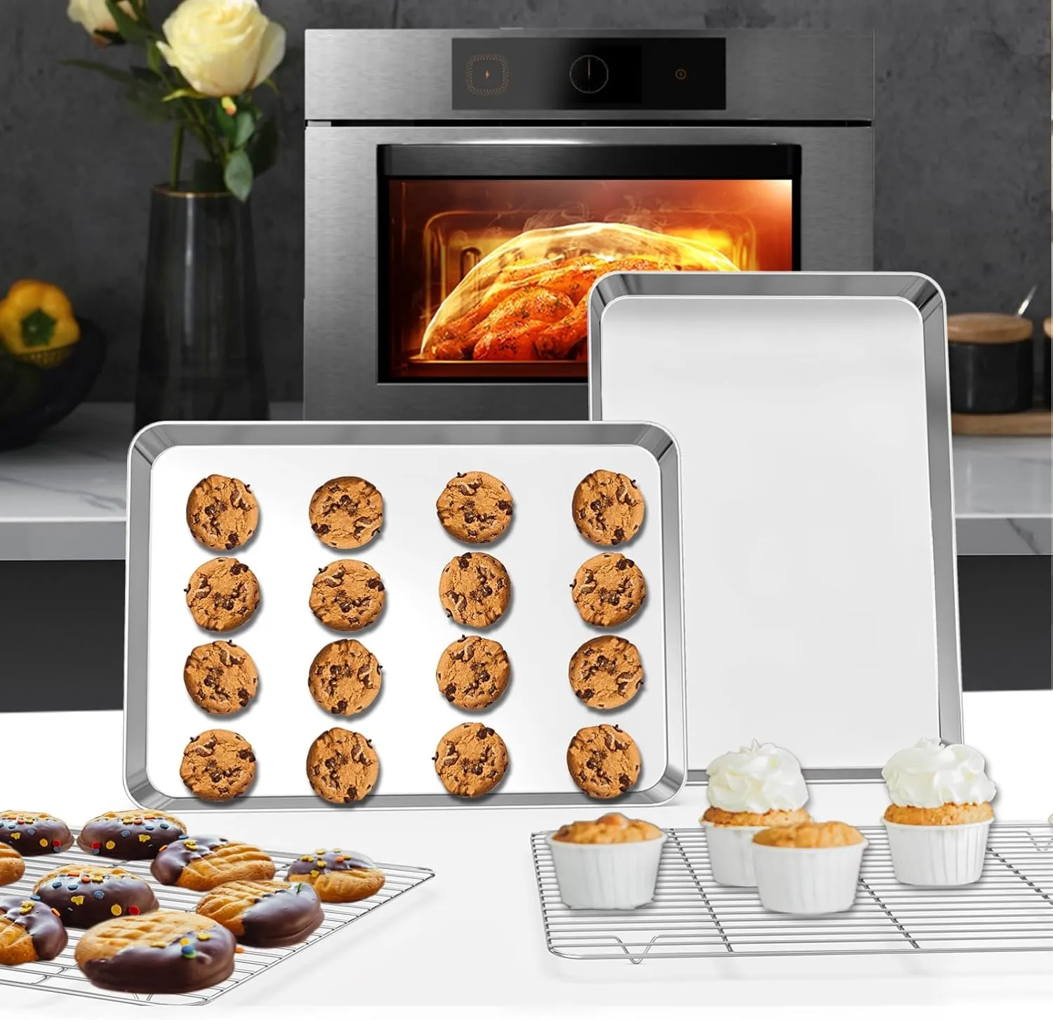 Baking Sheet Cooling Rack Set: 2PCS Stainless Steel Cookie Pan for Toaster Oven with Wire Rack Size 16 x 12 x 1 Inch - Nonstick Heavy Duty & Dishwasher Safe Cooking Tray for Roasting Bacon