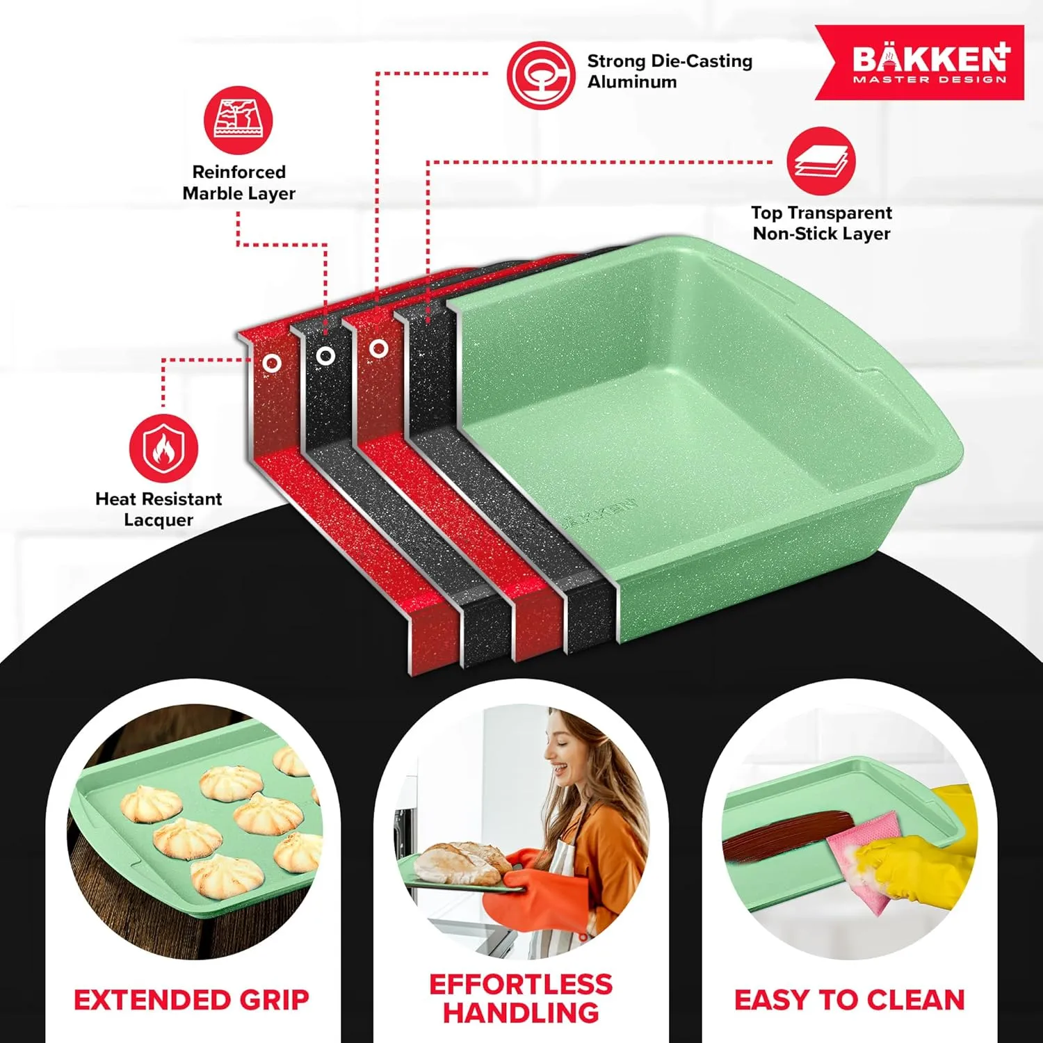 BAKKEN Kitchen Baking Pan Set - Nonstick Green Marble Coating, Commercial Grade Carbon Steel Bakeware Sets, Baking Kitchen Essentials, PFOA, PFOS, PTFE Free, Oven Safe Tray (Up to 450° F), Set of 6