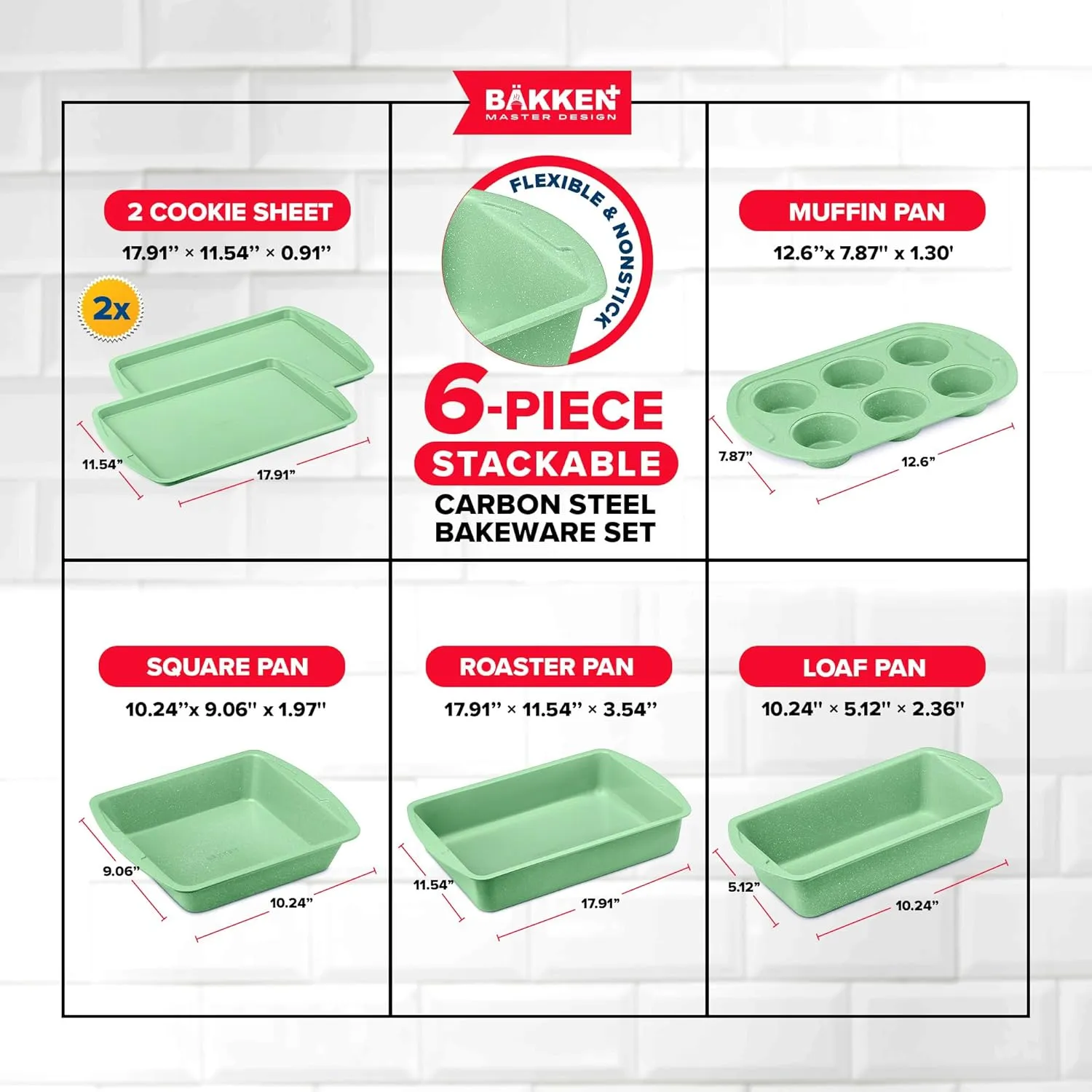 BAKKEN Kitchen Baking Pan Set - Nonstick Green Marble Coating, Commercial Grade Carbon Steel Bakeware Sets, Baking Kitchen Essentials, PFOA, PFOS, PTFE Free, Oven Safe Tray (Up to 450° F), Set of 6