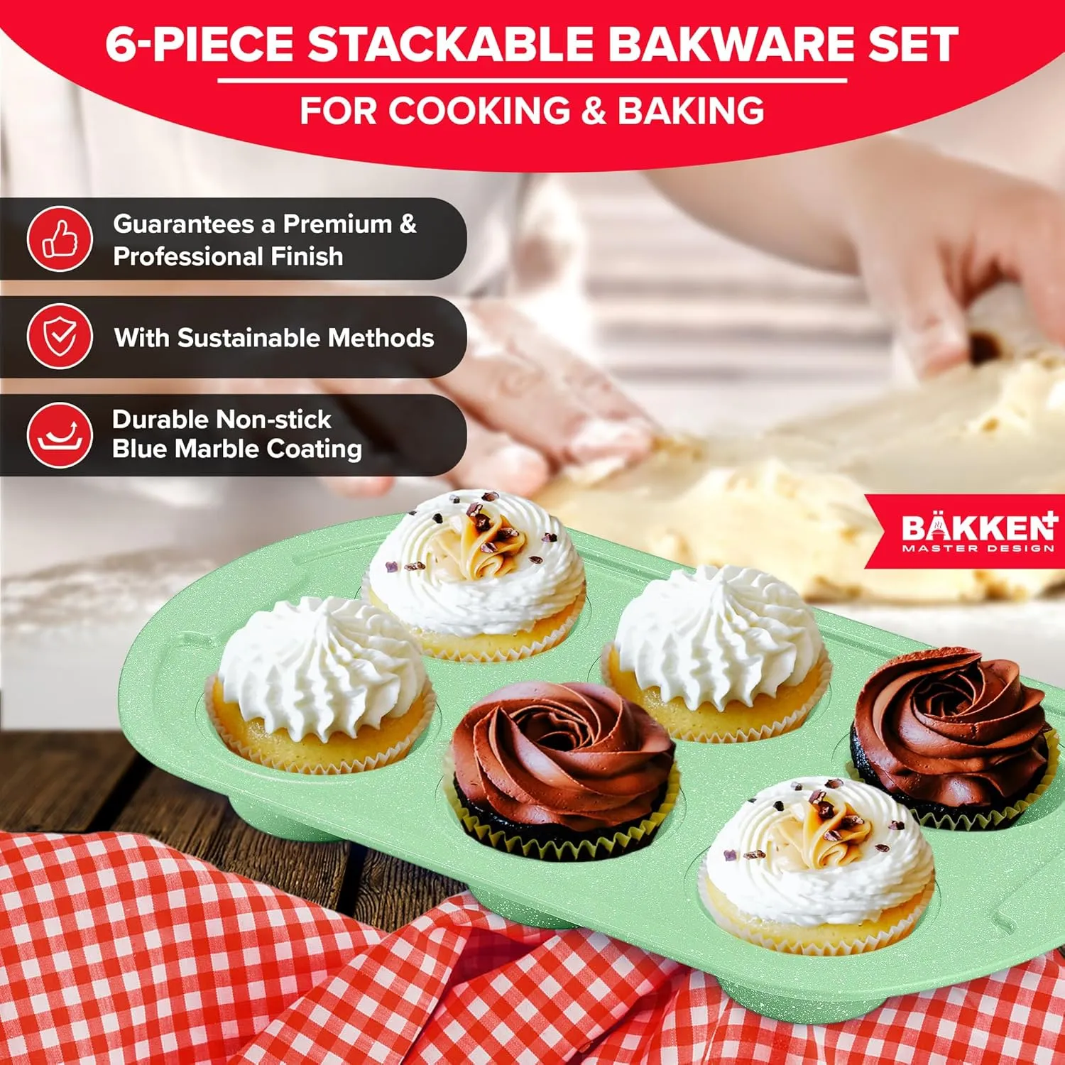 BAKKEN Kitchen Baking Pan Set - Nonstick Green Marble Coating, Commercial Grade Carbon Steel Bakeware Sets, Baking Kitchen Essentials, PFOA, PFOS, PTFE Free, Oven Safe Tray (Up to 450° F), Set of 6