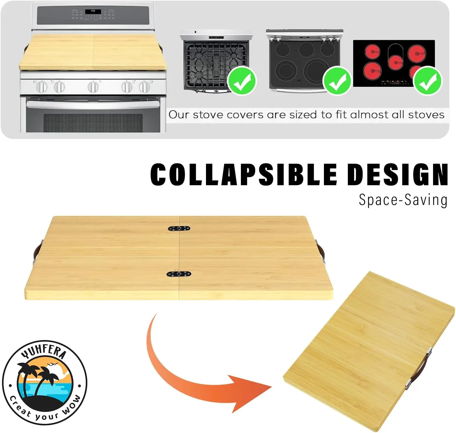 Bamboo Stove Covers for Electric Stove - Noodle Board Stove Top Cover Board For Gas Burner,Wooden RV Stovetop Cover (Foldable Cover)