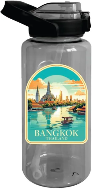 Bangkok Thailand Design A Souvenir 64 oz Large Water Bottle with Screw-on Top and Straw Single