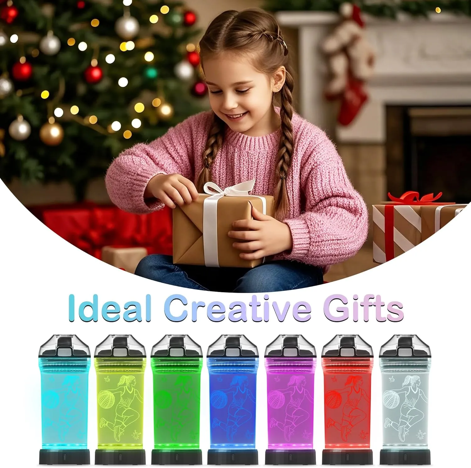 Basketball Gifts for Girls, Light Up Kids Water Bottle, Basketball Accessories for Girls Sport Cup with 3D Glowing LED Light - 14 OZ Tritan BPA-Free - Gifts for School, Camping, and Holidays