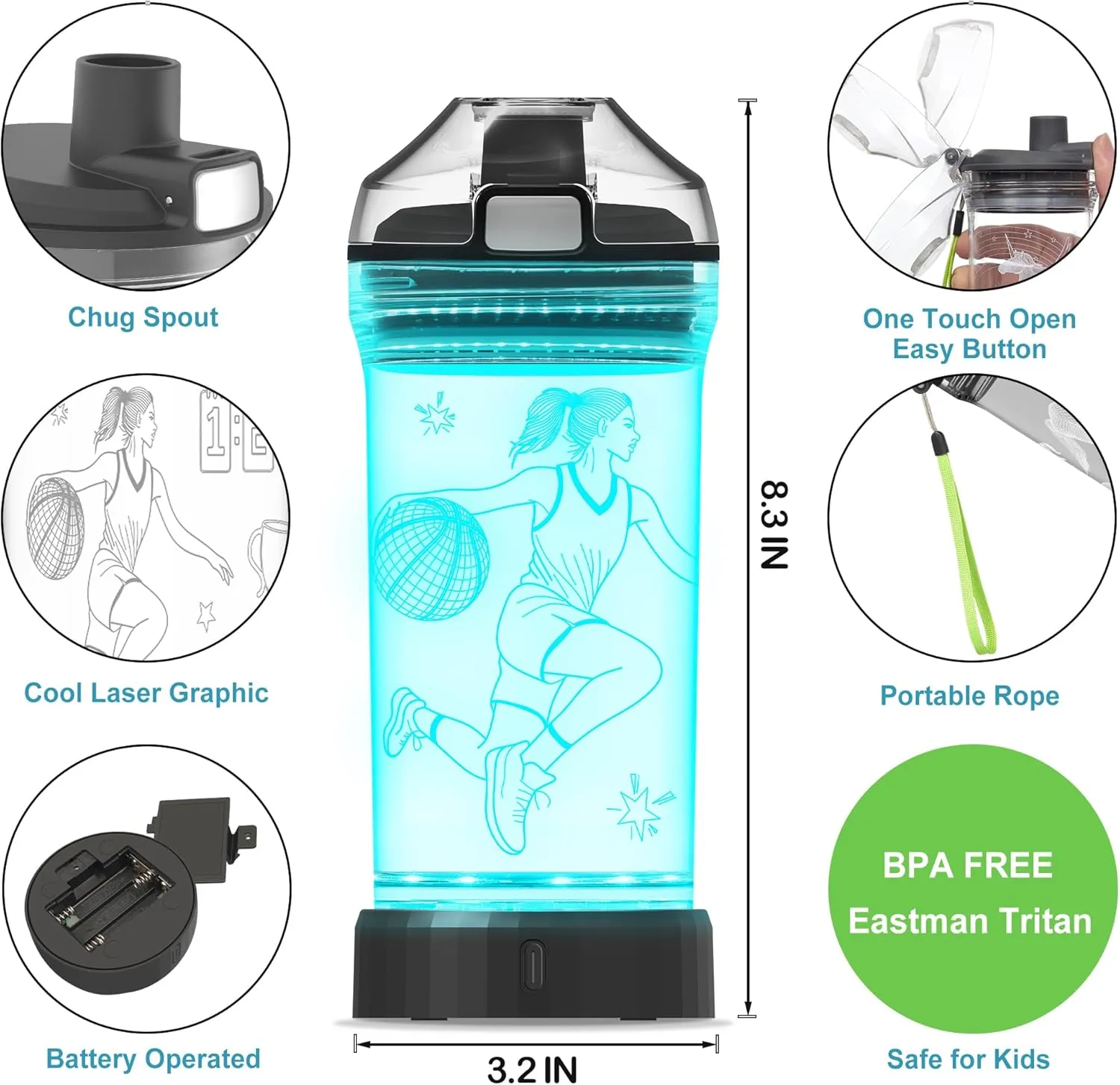 Basketball Gifts for Girls, Light Up Kids Water Bottle, Basketball Accessories for Girls Sport Cup with 3D Glowing LED Light - 14 OZ Tritan BPA-Free - Gifts for School, Camping, and Holidays