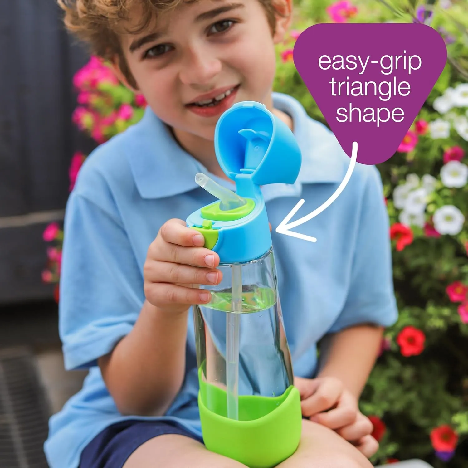 b.box 20 oz Tritan Drink Bottle: Kids Water Bottle w/Straw & Lid for School, Travel, Daycare. Spill & Leak Proof. Easy Grip Triangle Shape. BPA Free, Dishwasher Safe.