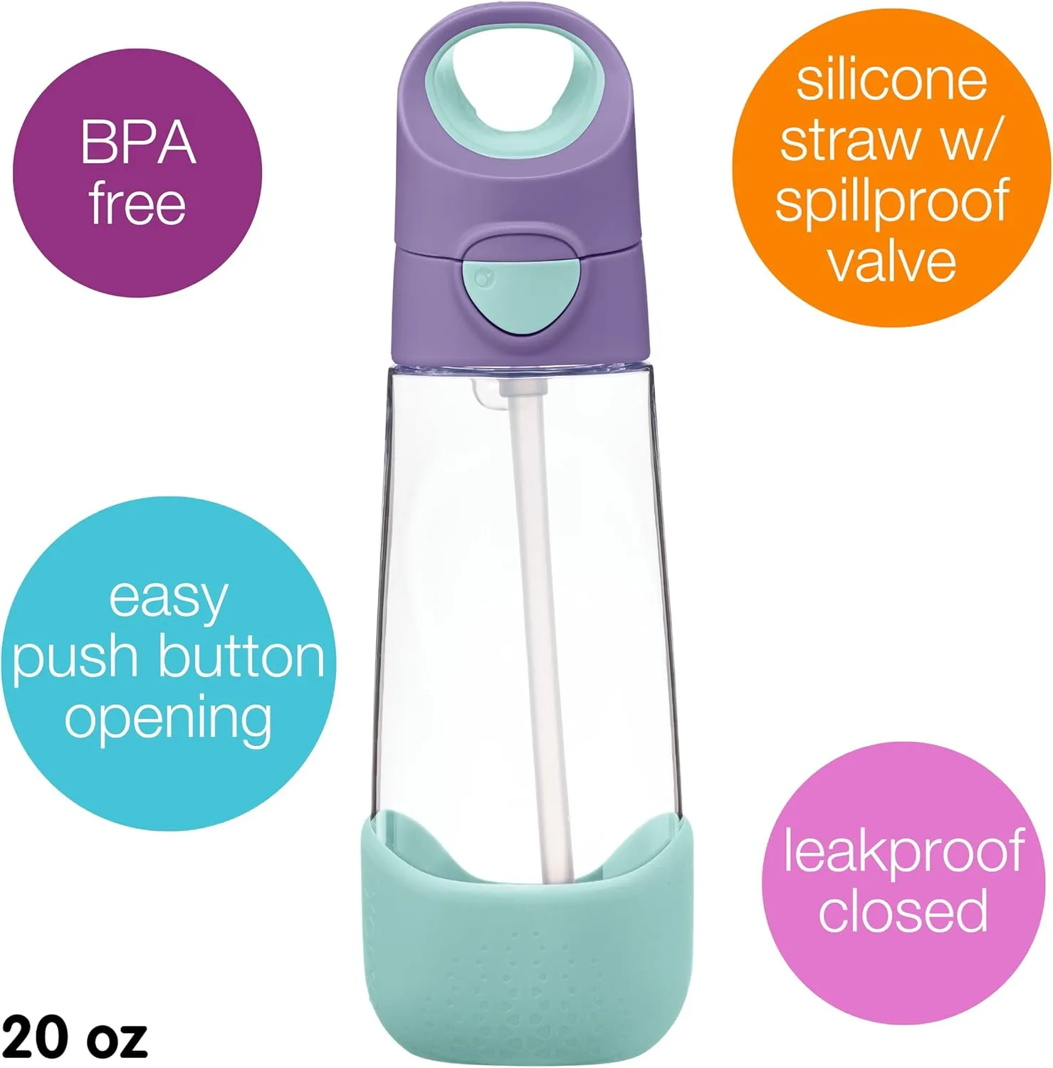 b.box 20 oz Tritan Drink Bottle: Kids Water Bottle w/Straw & Lid for School, Travel, Daycare. Spill & Leak Proof. Easy Grip Triangle Shape. BPA Free, Dishwasher Safe.