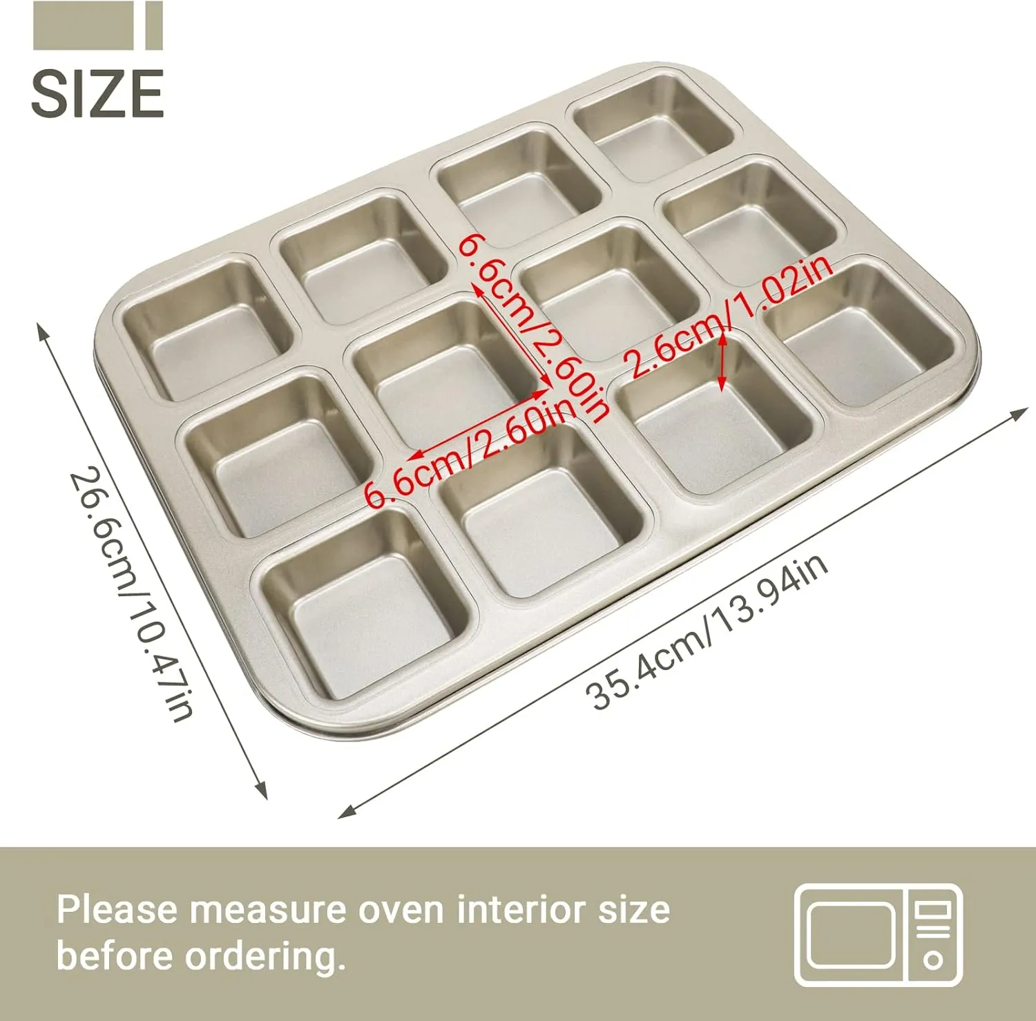 Beasea Brownie Pan with Dividers, 2 Set Gold All Edges Square Cupcake Brownie Pans 12 Mini Cavity Non Stick Baking Carbon Steel Bread Mold Small Edge 3x4 Individual Cutter Sheet Tray for Cake Oven