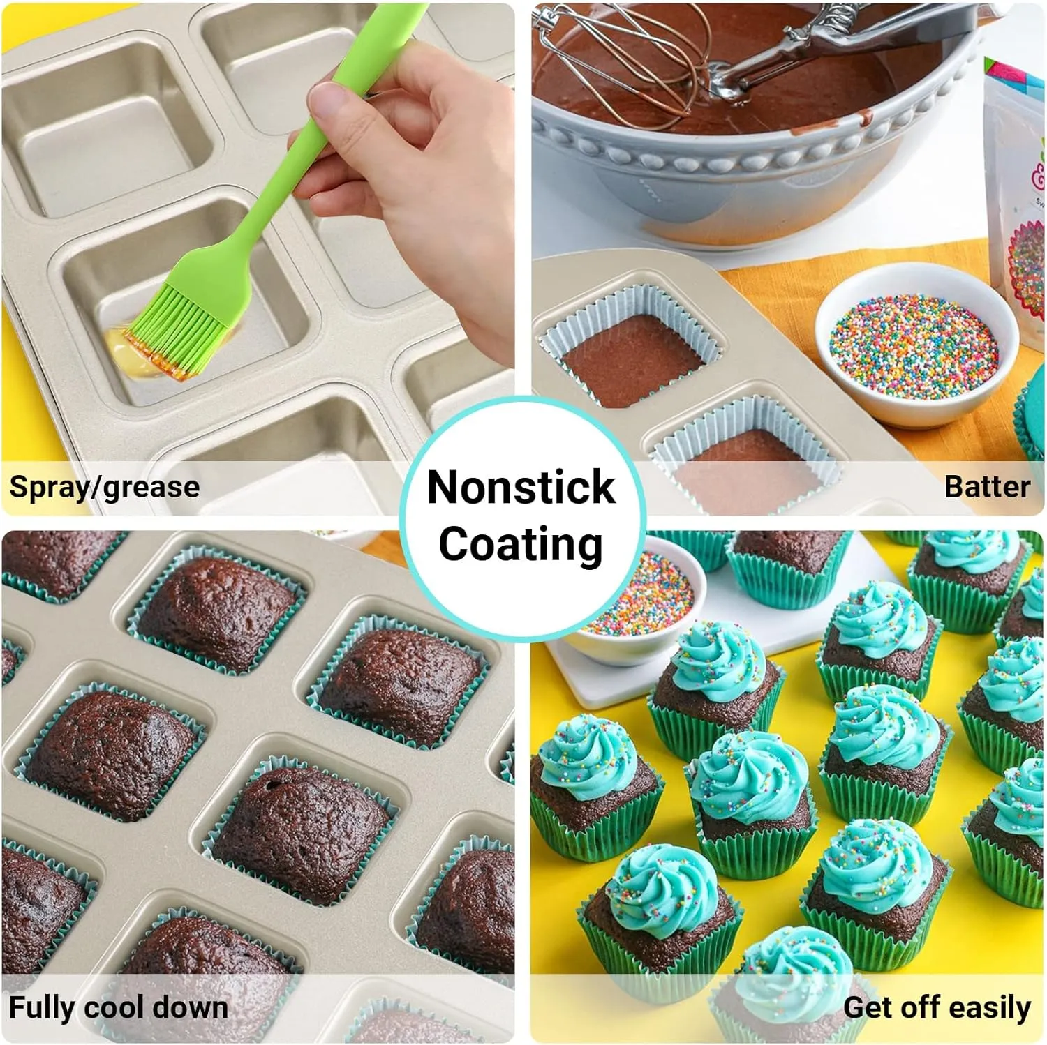 Beasea Brownie Pan with Dividers, 2 Set Gold All Edges Square Cupcake Brownie Pans 12 Mini Cavity Non Stick Baking Carbon Steel Bread Mold Small Edge 3x4 Individual Cutter Sheet Tray for Cake Oven