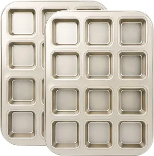Beasea Brownie Pan with Dividers, 2 Set Gold All Edges Square Cupcake Brownie Pans 12 Mini Cavity Non Stick Baking Carbon Steel Bread Mold Small Edge 3x4 Individual Cutter Sheet Tray for Cake Oven