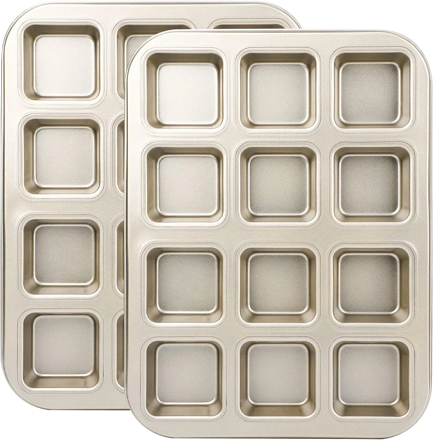Beasea Brownie Pan with Dividers, 2 Set Gold All Edges Square Cupcake Brownie Pans 12 Mini Cavity Non Stick Baking Carbon Steel Bread Mold Small Edge 3x4 Individual Cutter Sheet Tray for Cake Oven