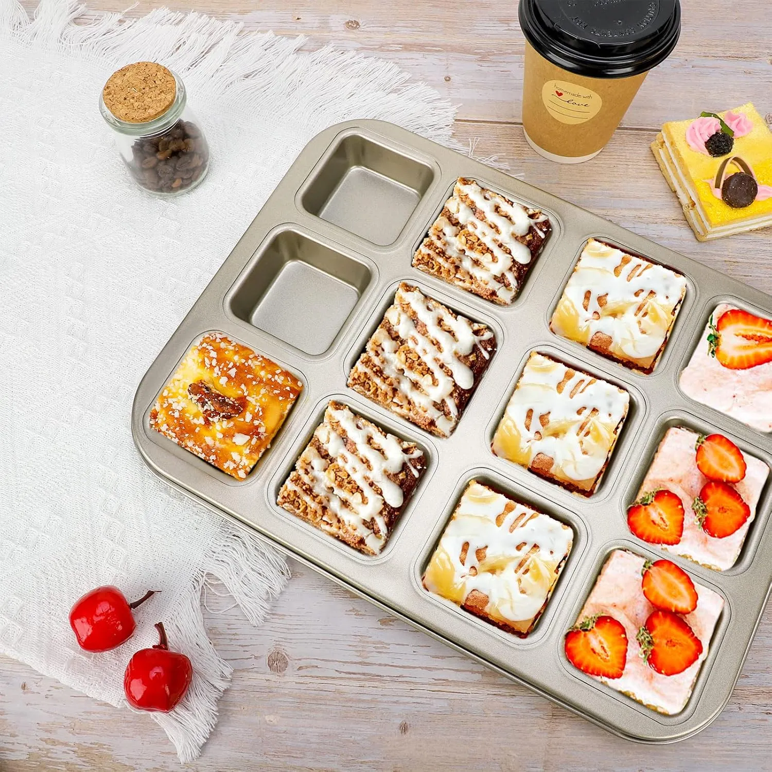 Beasea Brownie Pan with Dividers, 2 Set Gold All Edges Square Cupcake Brownie Pans 12 Mini Cavity Non Stick Baking Carbon Steel Bread Mold Small Edge 3x4 Individual Cutter Sheet Tray for Cake Oven