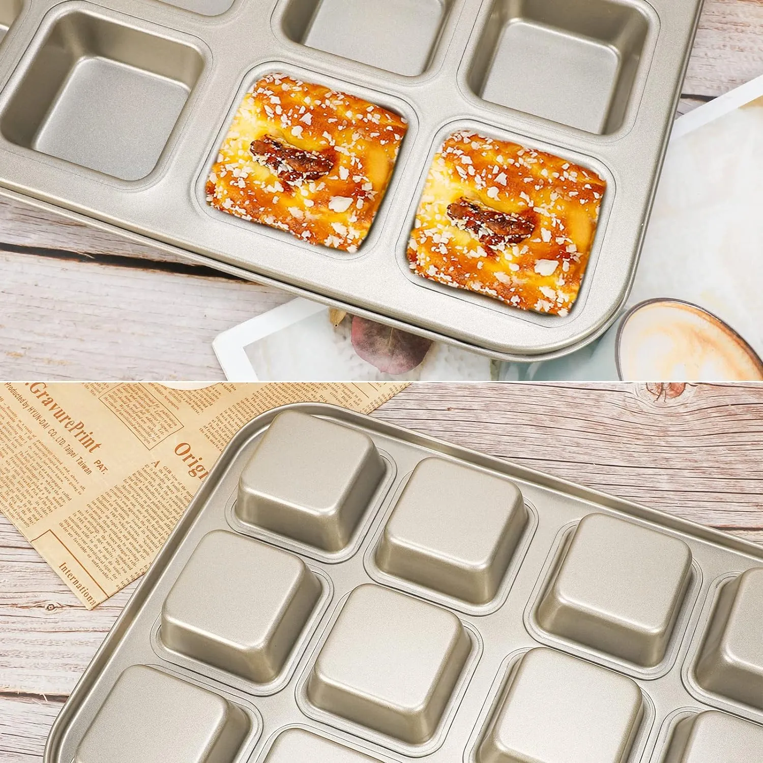 Beasea Brownie Pan with Dividers, 2 Set Gold All Edges Square Cupcake Brownie Pans 12 Mini Cavity Non Stick Baking Carbon Steel Bread Mold Small Edge 3x4 Individual Cutter Sheet Tray for Cake Oven