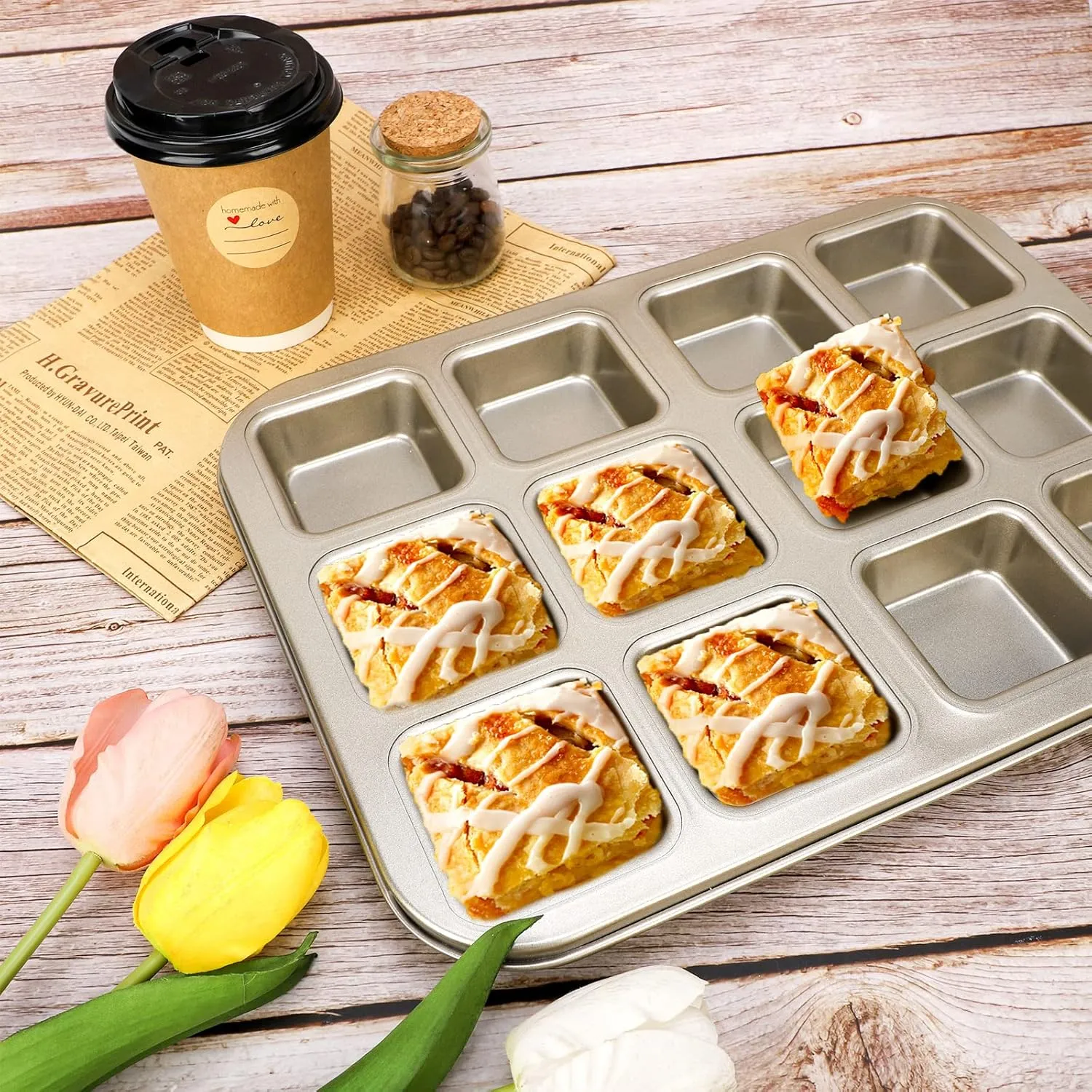 Beasea Brownie Pan with Dividers, 2 Set Gold All Edges Square Cupcake Brownie Pans 12 Mini Cavity Non Stick Baking Carbon Steel Bread Mold Small Edge 3x4 Individual Cutter Sheet Tray for Cake Oven