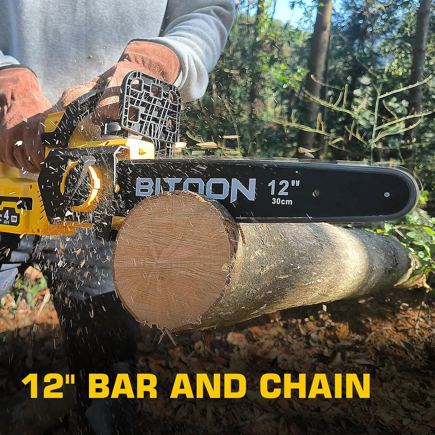 BITOON 12-Inch 20V Chainsaw with 4.0Ah Battery and Charger, Auto-Oiler, Brushless Cordless 12" Compact Chain Saw, Portable Electric Chainsaws for Cutting Wood, Branches Yellow