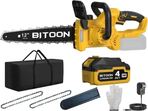 BITOON 12-Inch 20V Chainsaw with 4.0Ah Battery and Charger, Auto-Oiler, Brushless Cordless 12" Compact Chain Saw, Portable Electric Chainsaws for Cutting Wood, Branches Yellow