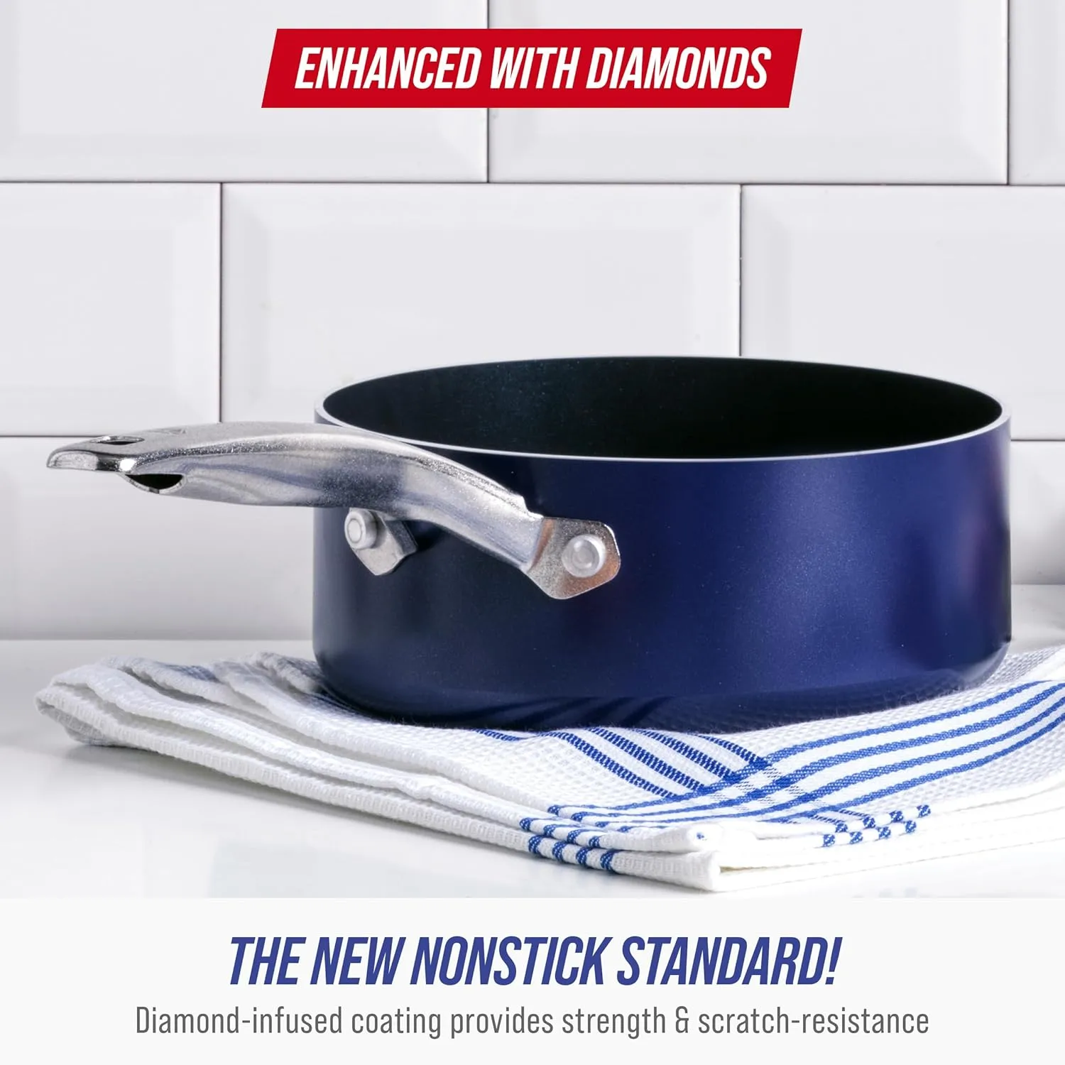 Blue Diamond 2 Quart Saucepan with Lid, Non-Toxic PFAS & PTFE Free Diamond Ceramic Nonstick, Dishwasher & Oven Safe, Metal Utensil Safe Pot, Stay Cool Handle, Glass Lid, Blue