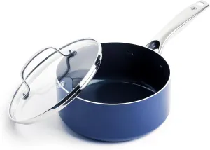 Blue Diamond 2 Quart Saucepan with Lid, Non-Toxic PFAS & PTFE Free Diamond Ceramic Nonstick, Dishwasher & Oven Safe, Metal Utensil Safe Pot, Stay Cool Handle, Glass Lid, Blue