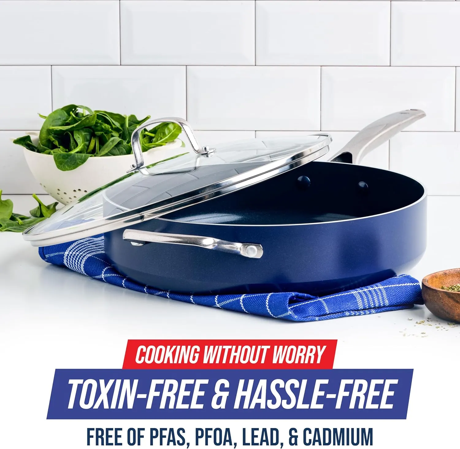 Blue Diamond 5QT Saute Pan with Lid, Non Toxic PFAS-Free Diamond Ceramic Nonstick, Dishwasher & Oven Safe, Metal Utensil Safe, Deep Jumbo Cooker Skillet with Helper Handle, Glass Lid, Blue