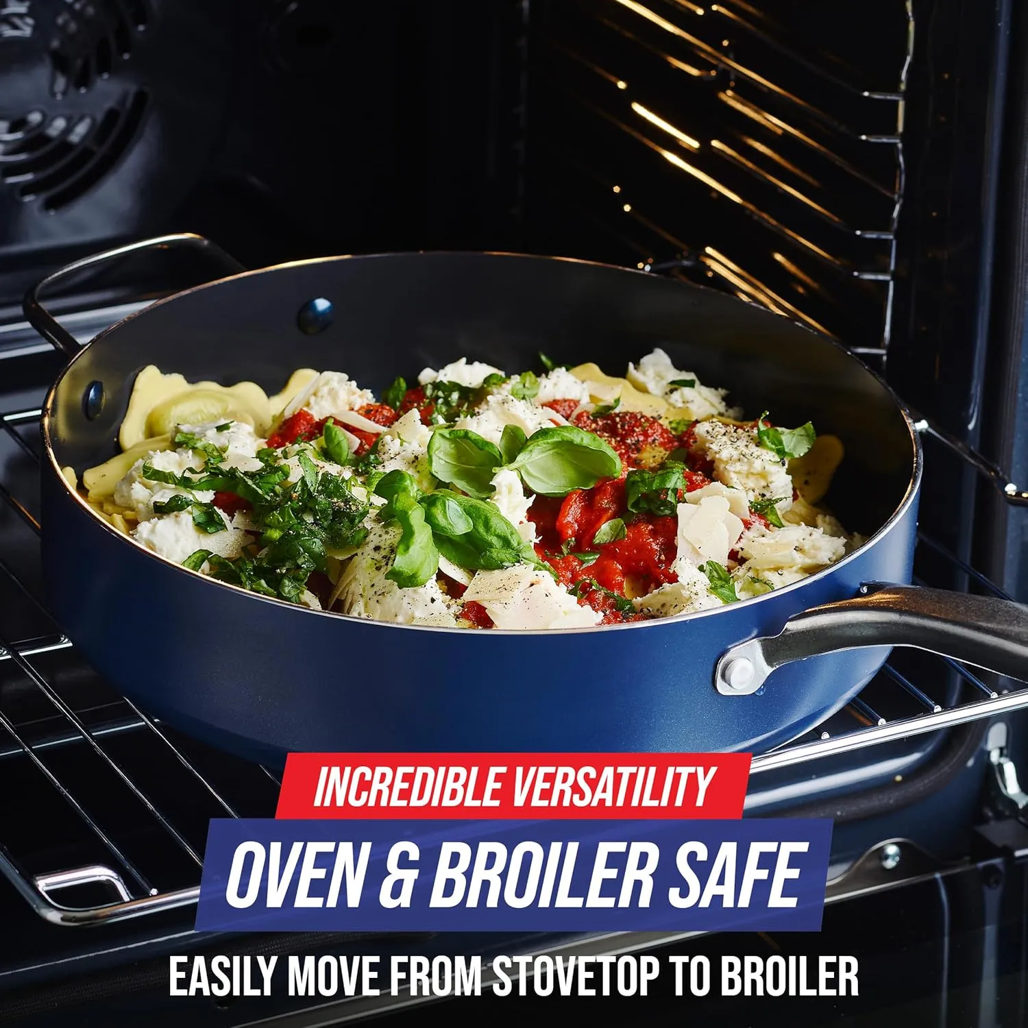 Blue Diamond 5QT Saute Pan with Lid, Non Toxic PFAS-Free Diamond Ceramic Nonstick, Dishwasher & Oven Safe, Metal Utensil Safe, Deep Jumbo Cooker Skillet with Helper Handle, Glass Lid, Blue