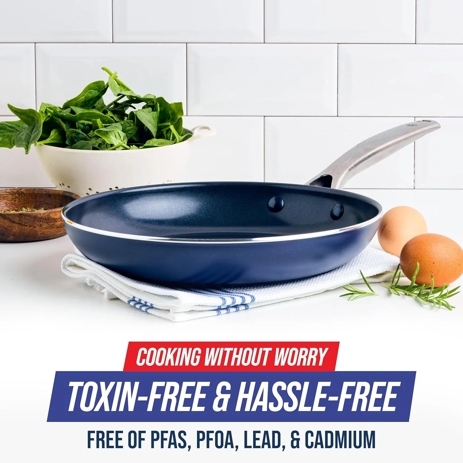 Blue Diamond Cookware 10" Frying Pan Skillet, Diamond Infused Healthy Ceramic Nonstick, PFAS and PFOA-Free, Dishwasher and Oven Safe, Even Heating, Metal Utensil Safe, Warp Control Base, Blue