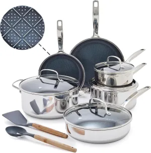 Blue Diamond Hybrid Nonstick Stainless Steel 12-Piece Cookware Set, Tri-Ply PFAS-Free Ceramic Pots & Pans, Dishwasher Safe, Frying Pans, Sauce & Saute Pans, Stock Pot, Compatible with All Cooktops