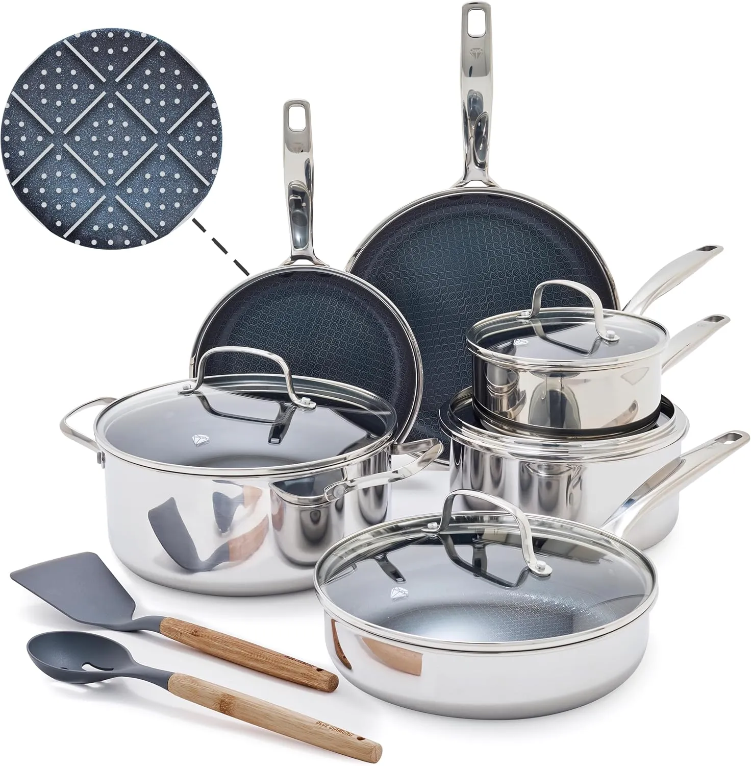 Blue Diamond Hybrid Nonstick Stainless Steel 12-Piece Cookware Set, Tri-Ply PFAS-Free Ceramic Pots & Pans, Dishwasher Safe, Frying Pans, Sauce & Saute Pans, Stock Pot, Compatible with All Cooktops